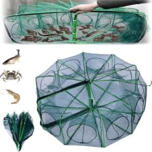 YASHNET Ring Type Umbrella Fishing Net | 16 Hole Foldable Nylon Mesh Fish Trap | Portable Crab, Shrimp & Fish Catching Net | Green